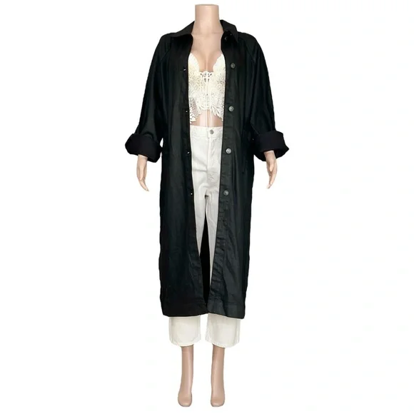 ZARA Oversized Denim Coated Trench Coat, Black, XS/SM